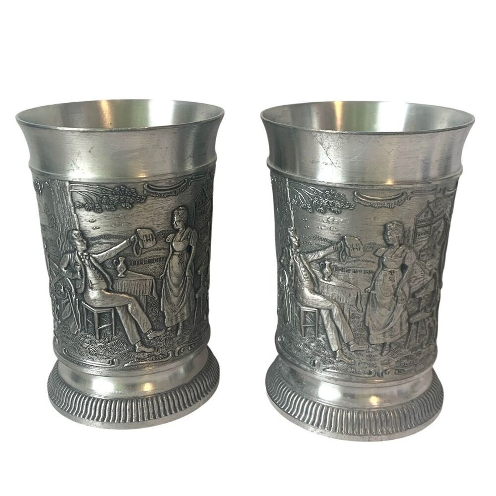 2 German Pewter Tankard Tumbler Frieling Zin Raised Relief Vintage Barware